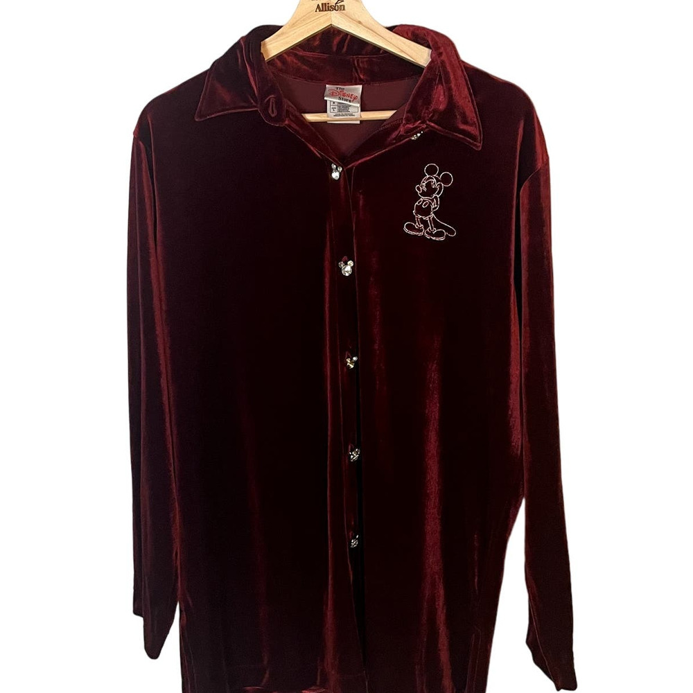 Vintage Disney Velour Long Sleeve Button Up in Burgundy Mickey Mouse SZ Large
